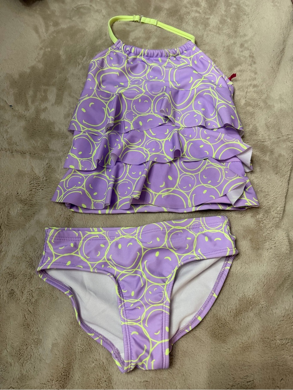 Justice Lavender Layered Ruffle Tankini with Neon green Smiley Print Sz 5/6 NWT